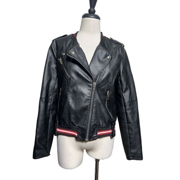 BlankNYC Black Vegan Leather Varsity Moto Jacket Size Medium - Picture 1 of 8